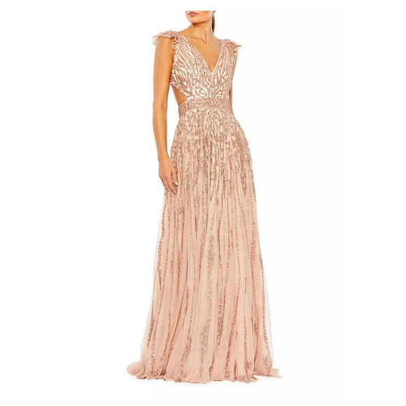 Mac Duggal 5682 Apricot Peach Pink Sequin Beaded Flutter Sleeve Gown Dress 14 - Picture 2 of 13